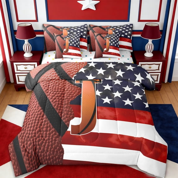 Erosebridal Boys Ball Games 7 Pieces Bedding Comforter Set,American Flag Theme Monogrammed J Full Bedding Set,Reversible