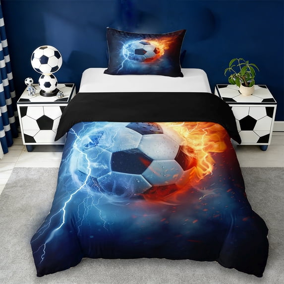 Erosebridal Boys Ball Games Twin Bedding,Orange Blue Lightning Duvet Cover Set For Kids,Reversible Black 2pcs,No Comforter