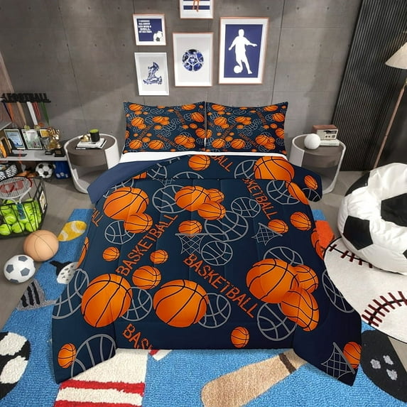 Erosebridal Basketball Bedding Sets Twin with Comforter,Sport Theme Duvet Insert,Blue Reversible,2pcs