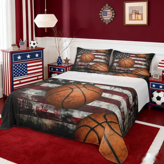 Erosebridal Boys Basketball Sport Themed Bed Sheets,Retro American Flag Print King Sheets For Kids 4-Piece