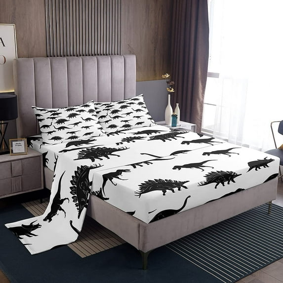 Erosebridal Bed Sheet Set King Dinosaur Sheet Set, Jungle Animal Fitted Sheet Teens Bedroom Decor, Black White Wildlife Dion Flat Sheet Bed Set 4 Pcs with 2 Pillow Cases