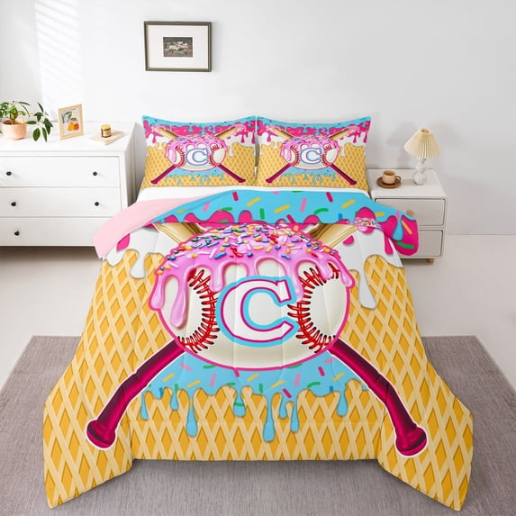 Erosebridal Boys C Personalized Initial Sport Baseball Full Size Comforter Sets 3 Pieces,Ice Cream Drip Dessert Bedding Sets For Kids Teens,Pink Reversible