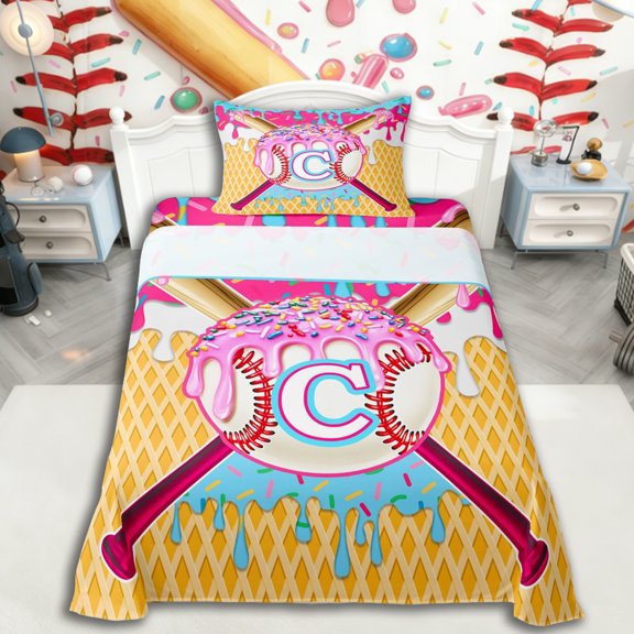 Erosebridal Boys C Personalized Initial Sport Baseball Twin Sheet Sets 3pcs,Ice Cream Drip Dessert Bedding For Kids Teens