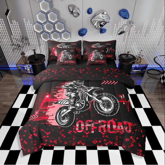 Erosebridal Dirt Bike Bedding Sets Twin Size for Teens,Black Red Comforter Sets with Sheets,Sports Theme Decoration,Reversible,Breathable,7-Piece