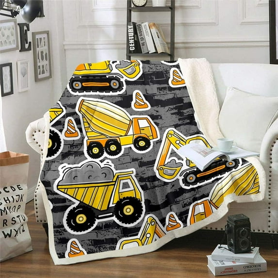 Erosebridal Excavator Throw Blanket Throw Size, Tractors Sherpa Blanket Equipment Truck Plush Bed Blanket , Construction Vehicles Fleece Fuzzy Blanket, Grey Yellow