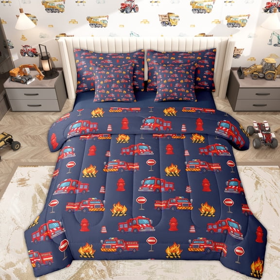 Erosebridal Boys Fire Engine Bedding Comforter Set 7pcs, Cartoon Truck Queen Bedding Sets