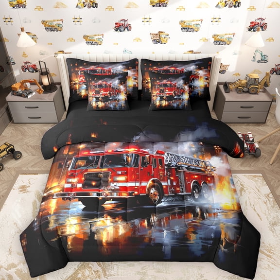 Erosebridal Boys Fire Engine Bedding Comforter Set, Truck Car Full Bedding Set, Black Red, Black Reversible, 7pcs