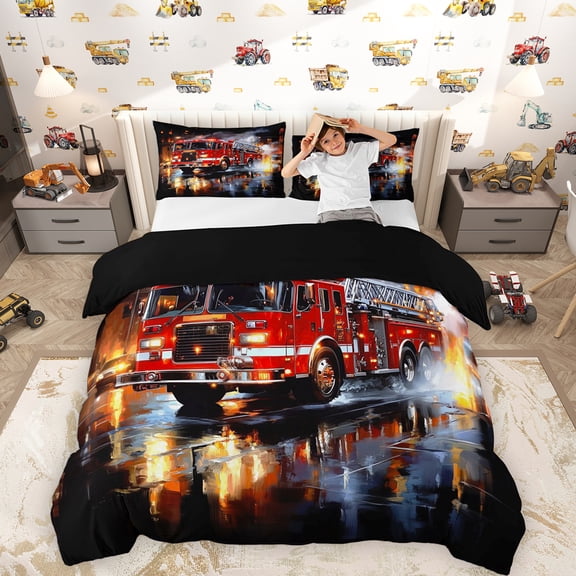 Erosebridal Boys Fire Engine Queen Duvet Cover Set, Truck Car Bedding, Black Red, Black Reversible, 1 Duvet Cover and 2 Pillowcases (No Comforter)