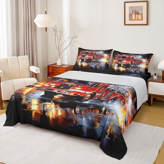 Erosebridal Boys Fire Engine Queen Sheet Sets, Truck Car Bed Set, Black Red, 1 Flat Sheet, 1 Fitted Sheet and 2 Pillowcases