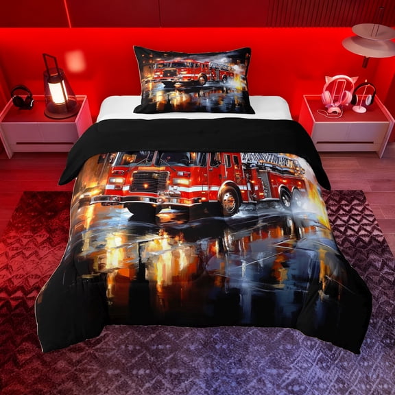 Erosebridal Boys Fire Engine Twin Comforter Sets, Truck Car Bedding Set, Black Red, Black Reversible, 1 Comforter and 1 Pillowcase