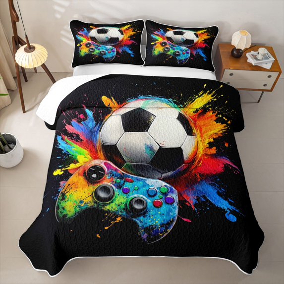 Erosebridal Boys Football Sport Game Bed Spread Queen,Kids Gamepad Controller Gaming Queen Coverlet Set For Gamer,3pcs