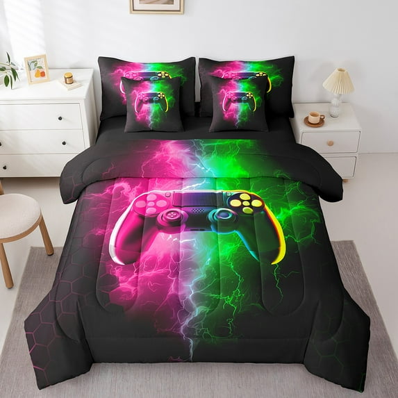 Erosebridal Boys Gamepads Bed in a Bag Full size,Geometric Honeycomb Bed Set,Gradient Lightning Bedding Full Size,Microfiber Abstract Bedroom Decorative,Reversible,7-Piece