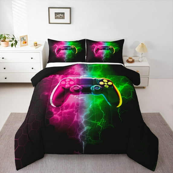 Erosebridal Boys Gamepads Bedding Sets Full with Comforter,Geometric Honeycomb Duvet Insert,Gradient Lightning Comforter Sets Full Size,Microfiber Abstract Bedroom Decorative,Reversible,3-Piece