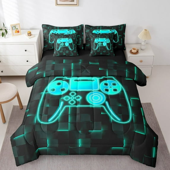 Erosebridal Boys Gamepads Bedding Sets Twin Size,Video Game Comforter Sets with Sheets,Geometric Plaid Bed in a Bag Twin size,Super Cozy Buffalo Bedroom Decorative,Reversible,7pcs