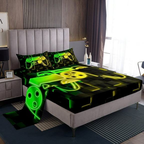 Erosebridal Boys Gamepads Sheet Set Twin,Video Game Bedding Sets Twin Size,Geometric Plaid Twin Sheet Sets,Super Cozy Buffalo Bedroom Decorative,3pcs