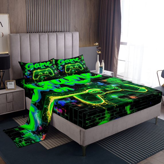 Erosebridal Boys Gamer Bed Sheets Set Queen Size,Video Game Bedding Sets Queen Size,Black Green Bed Sheets Queen,Breathable Geometric Bedroom Decoration,4-Piece
