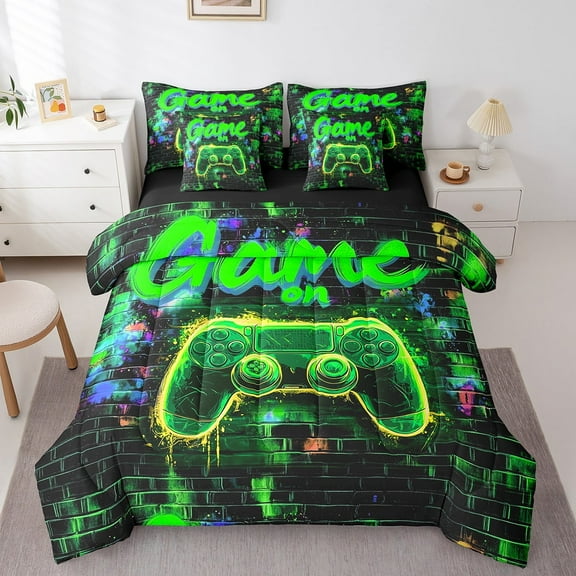 Erosebridal Boys Gamer Bedding Sets Twin Size,Video Game Comforter Sets with Sheets,Black Green Bed in a Bag Twin size,Breathable Geometric Bedroom Decoration,Reversible,7pcs