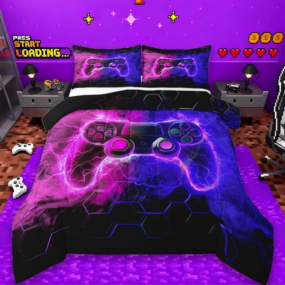 Erosebridal Boys Gamer Queen Comforter Set,Young Man Video Games Bedding Comforter Set For Gamepad Gaming Lovers,Reversible Black 3pcs