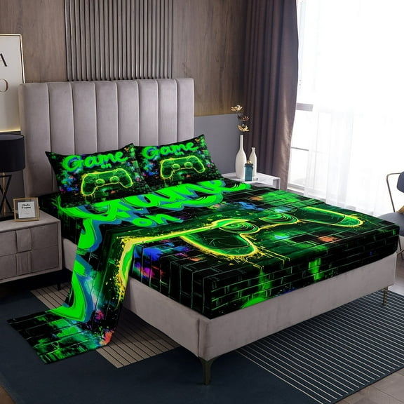 Erosebridal Boys Gamer Sheet Set Twin,Video Game Bedding Sets Twin Size,Black Green Twin Sheet Sets,Breathable Geometric Bedroom Decoration,3pcs