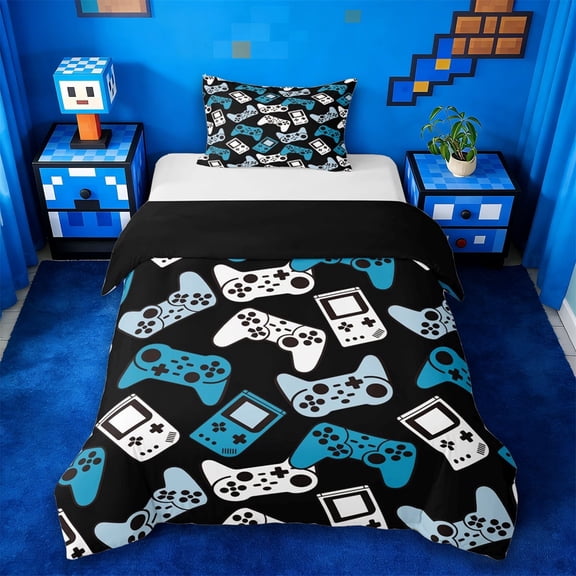 Erosebridal Boys Gamer Twin Bedding,Gamepad Young Man Video Games Duvet Cover Set For Classic Retro Gaming Lovers,Reversible Black 2pcs,No Comforter