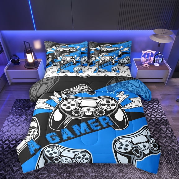 Erosebridal Boys Gamer Twin Bedding Sets, Video Game Controller Bedding Comforter Set, Blue, Gamepad Reversible, 7pcs