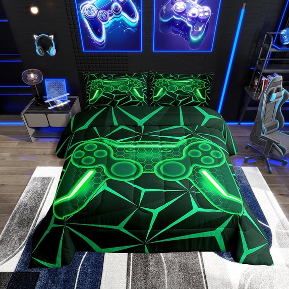 Erosebridal Gaming Bedding Twin Comforter Set, Neon Gampad Down Comforter, Geometric Stripe Decor, Microfiber 2pcs