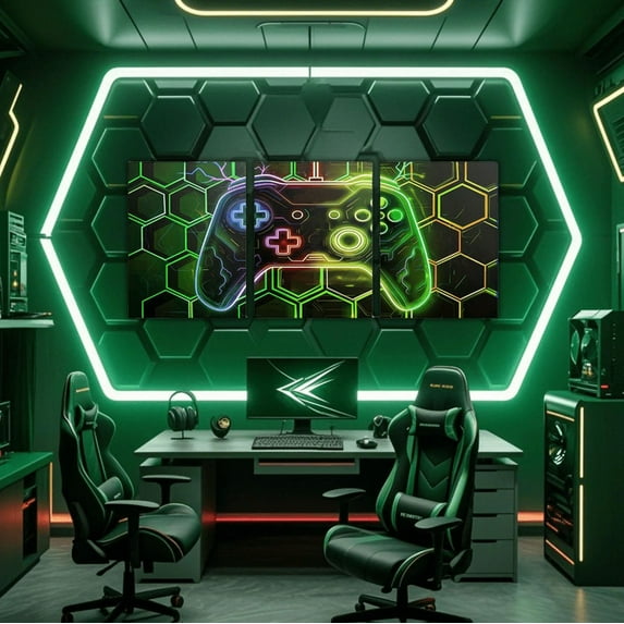 Erosebridal Gaming Canvas Wall Art Set of 3 Teens, Geometric Hexagon Framed Wall Art for Living Room, Game Room Decor