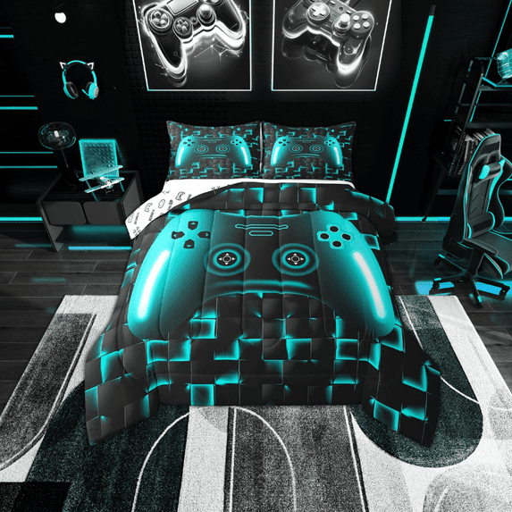 Erosebridal Gaming Twin Size Bedding Set Gamer Comforter Sets For Teen Game Controller Bedroom Decor,Neon Teal Glowing Geometric Grid Bedding,Black Abstract Check Square Comforter