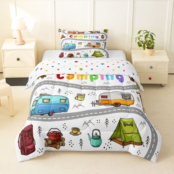Erosebridal Boys Girls Cartoon Camping RV Car Twin Comforter Sets 3-Piece,Jungle Animal Bear Bedding Set For Kids Teens,Lightweight Room Decor