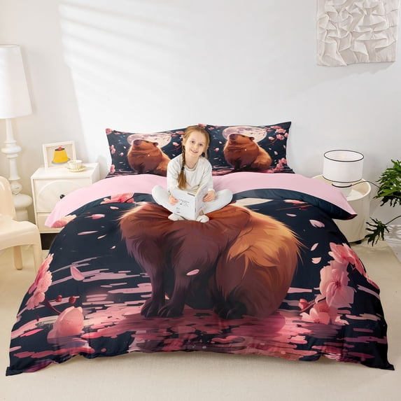 Erosebridal Boys Girls Cartoon Capybara Floral Sakura Duvet Cover Set,Kids Japanese Style Bedding Full,3-Piece,No Comforter,Pink Reversible