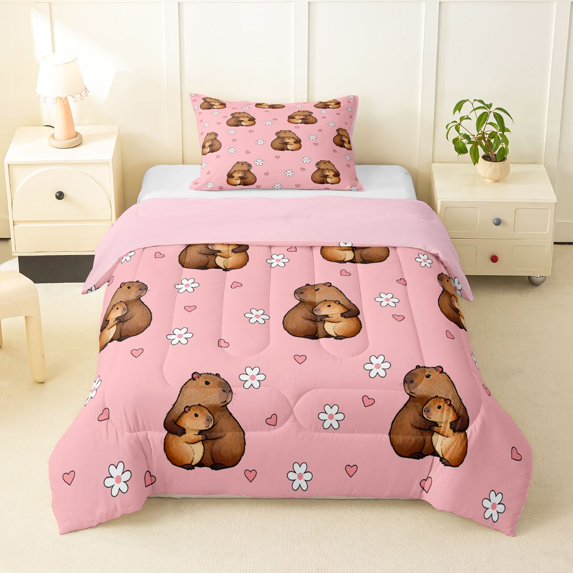Erosebridal Boys Girls Cartoon Capybaras Twin Comforter Sets 3-Piece,Kids Cute Flowers Love Heart Bedding Set,Pink Reversible
