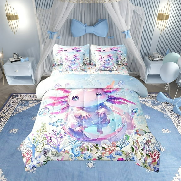 Erosebridal Cute Axolotl Comforter Set with Sheets Full Size, Ocean Sealife 7 Pieces Bedding Sets Kawaii Bed in A Bag Cartoon Salamander Bed Set