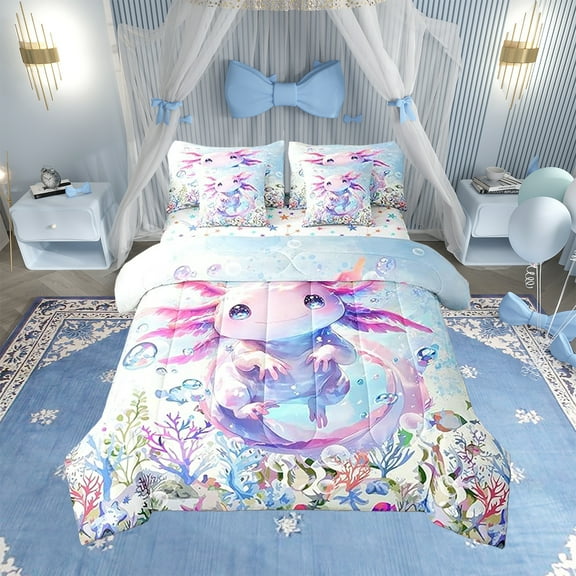 Erosebridal Cute Axolotl Comforter Set with Sheets Twin Size, Ocean Sealife 7 Pieces Bedding Sets Kawaii Bed in A Bag Cartoon Salamander Bed Set