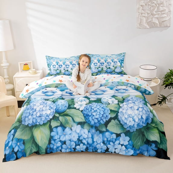 Erosebridal Boys Girls Easter Rabbits Eggs Duvet Cover Set,Blue Flowers Bowtie Bedding Full For Kids,3-Piece,No Comforter,Microfiber Bedroom Decor