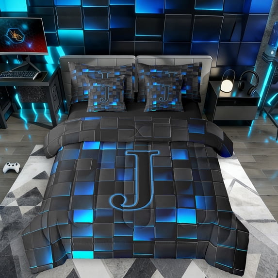 Erosebridal Boys Girls Geometric Personalized Initial J Bedding Comforter Set 7-Piece,Black Blue Futuristic Cubes King Bedding Sets For Kids Teens,Black Reversible