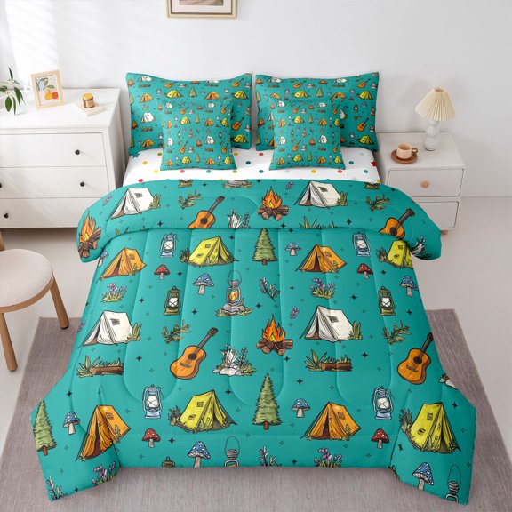 Erosebridal Boys Girls Happy Camping Twin Bedding Sets 7-Piece,Music Orange Guitar Bedding Comforter Set For Kids Teens,Ultra Soft Home Decor