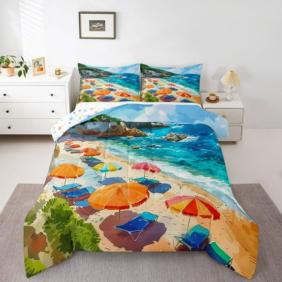 Erosebridal Hawaiian Beach Bedding Sets Twin with Comforter, Oil Painting Coastline Duvet Insert, Reversible 2pcs