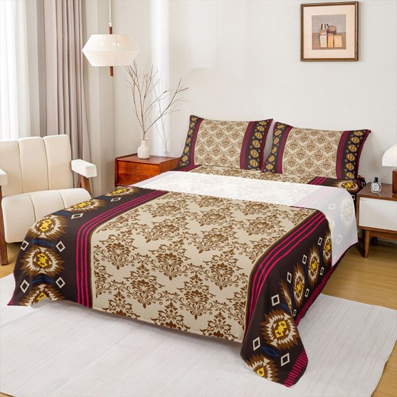 Erosebridal Boys Girls Hippie Brown Aztec Bed Sheets 4pcs,Teens Adults Bohemian Flower Damask King Sheets