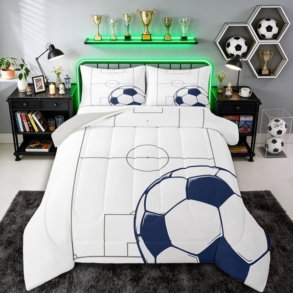 Erosebridal Boys Girls Soccer Print Full Size Comforter Sets 3 Pieces,Sport Gamer Bedding Sets for Kids Teens,Grey Reversible,Super Cozy Room Decor
