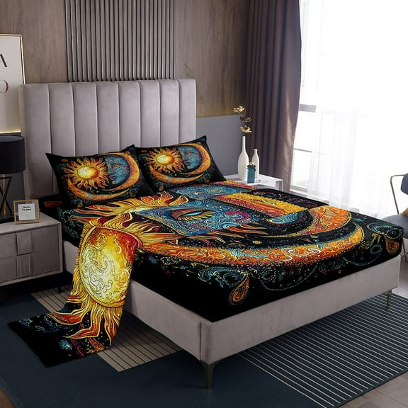 Erosebridal Sun Moon Bed Sheets Set Full Size, Boho Exotic Sheet Set Bohemian Sheets with Deep Pocket Fitted Sheet Galaxy Teens Bedding Set Bedroom Decor With 2 Pillow Case