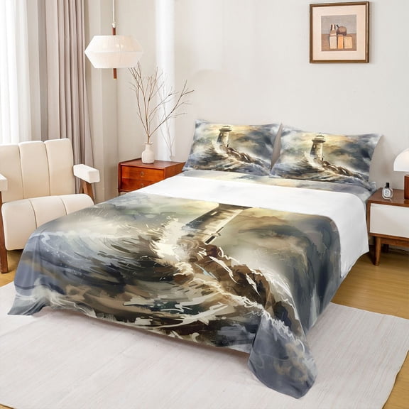 Erosebridal Boys Girls Vintage Lighthouse Full Size Sheets 4-Piece,Nautical Theme Bed Sheets For Teens,Luxury Bedroom Decor
