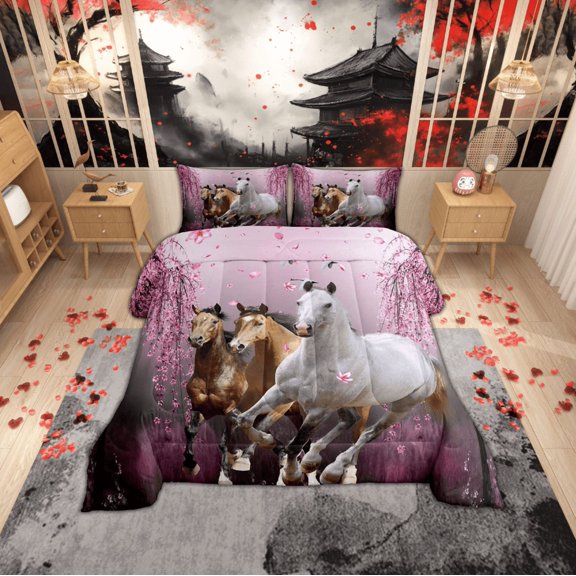 Erosebridal Horse Comforter Set Cherry Blossom Branches Steed Bedding Set Teens Galloping Horse Comforter 3D Wild Animal Decor Quilt Set Bedroom Collection 3Pcs Queen Size