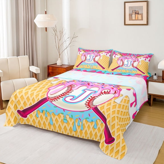 Erosebridal Boys J Personalized Initial Sport Baseball Bed Sheets 4pcs,Ice Cream Drip Dessert King Sheets For Kids Teens