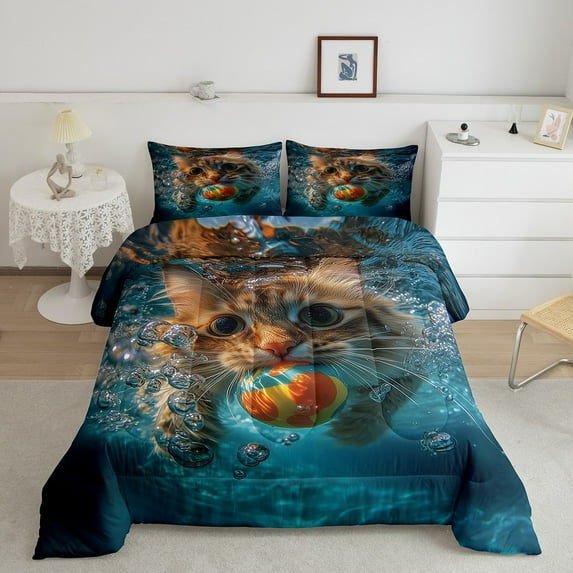 Erosebridal Cute Cat Bedding Sets Full with Comforter, Pet Kitten Duvet Insert, Ocean Room Decor, Reversible 3pcs