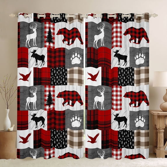 Erosebridal Boys Jungle Animal Bears Deers Mallard Duck Black Out Curtains,Geometric Plaid Curtains Pack of 2 (42x63 Each) For Teens,Black Red