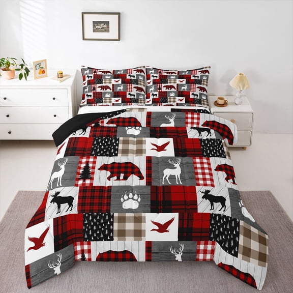 Erosebridal Boys Jungle Animal Bears Deers Mallard Duck Queen Comforter Set 3pcs,Geometric Plaid Bedding Comforter Set For Teens,Black Red,Black Reversible