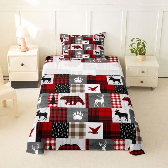 Erosebridal Boys Jungle Animal Bears Deers Mallard Duck Twin Sheet Sets 3pcs,Geometric Plaid Bedding For Teens,Black Red