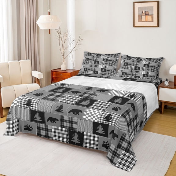 Erosebridal Boys Jungle Animal Black Bears Bed Sheets 4pcs,Geometric Plaid King Sheets For Teens