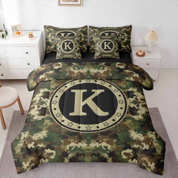 Erosebridal Boys K Personalized Initial Bedding Comforter Set 7pcs,Abstract Camouflage Queen Bedding Sets,Black Reversible