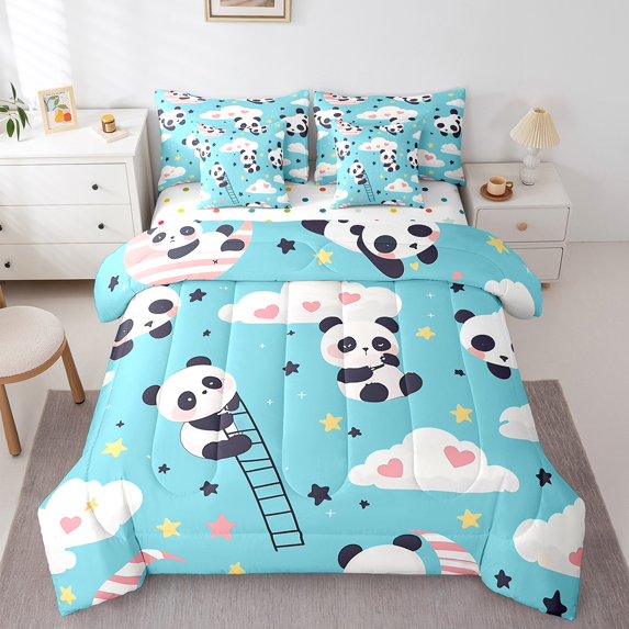 Erosebridal Kawaii Panda Bedding Twin Size, Pink Love Bedding Sets Twin Size, Dreamy Cartoon Decor, Reversible 7pcs